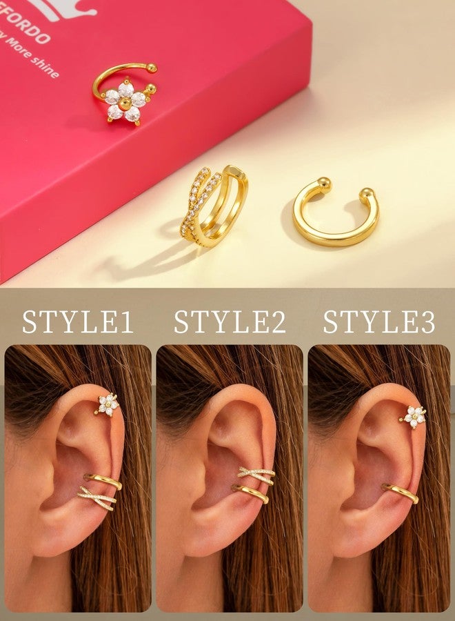 Carffordo 3Pcs Ear Cuffs Non Piercing for Women - Trendy 14K Gold Plated Cuffs Earrings with Cubic Zirconia - Dainty Clip On Cartilage Earring Flower Jewelry - Image 4